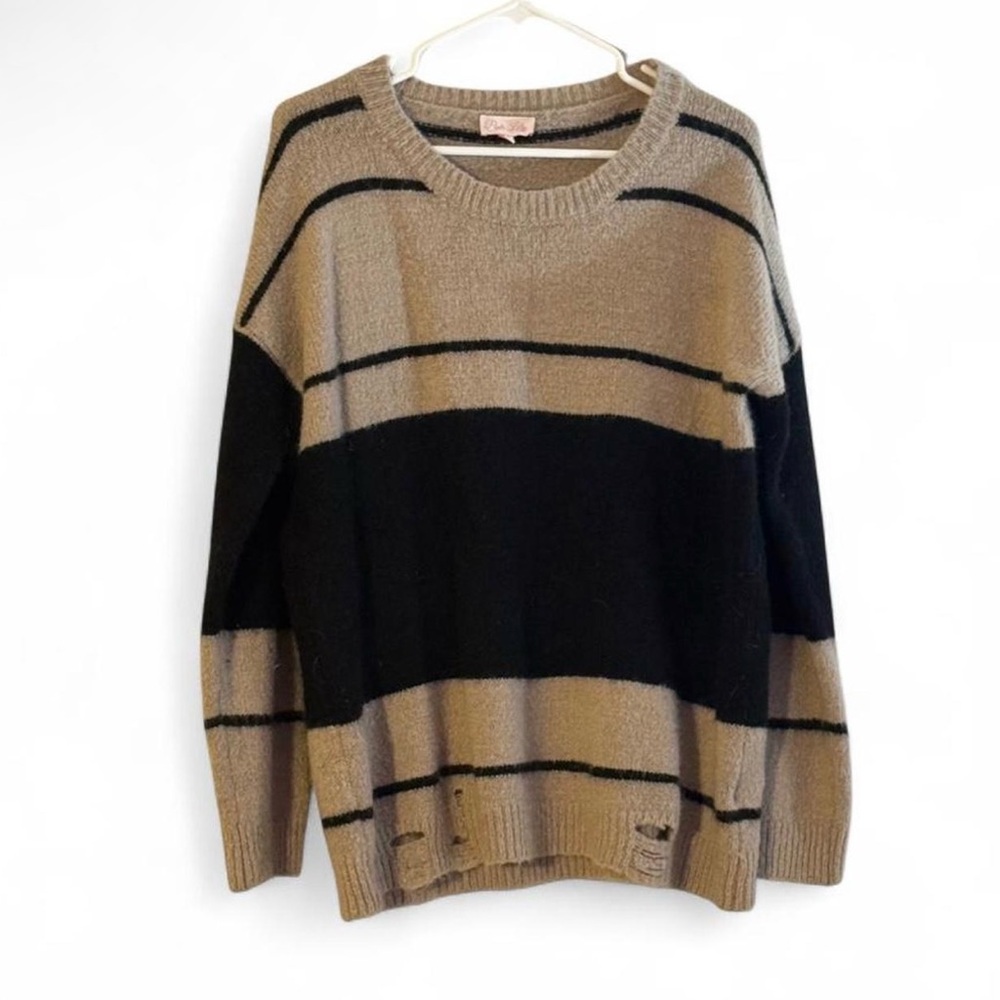 Pink Lily Distressed Black and Beige Sweater
